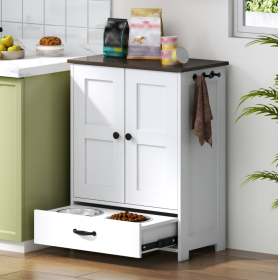 Dog Feeding Station, Dog Food Storage Cabinet With Hidden Dog Bowls, Adjustable Panel, Hooks, For Medium Sized Dogs, White (Color: White)